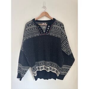 Dale of Norway Vintage Fair Isle Wool Classic Nordic V-Neck Sweater -Large